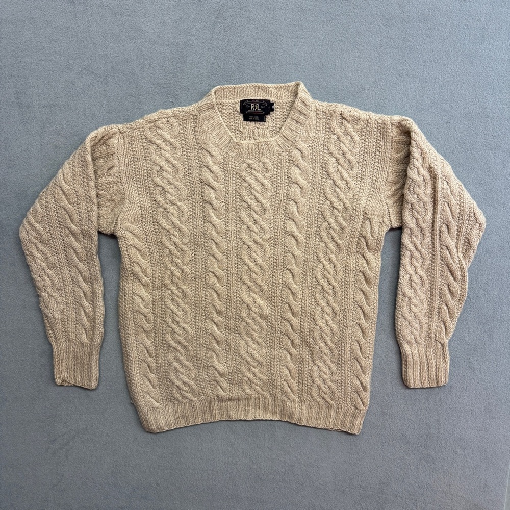 RRL Ralph Lauren Wool Sweater Medium Men's Cable Knit Fisherman Tan Beige